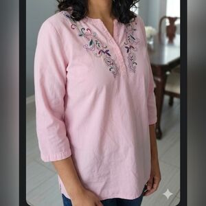 Basic Editions Pink Embroidered Henley Tunic